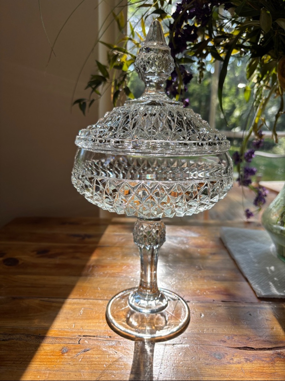 Vintage Indiana Glass Diamond Point Clear Pedestal Compote Candy Dish With Lid